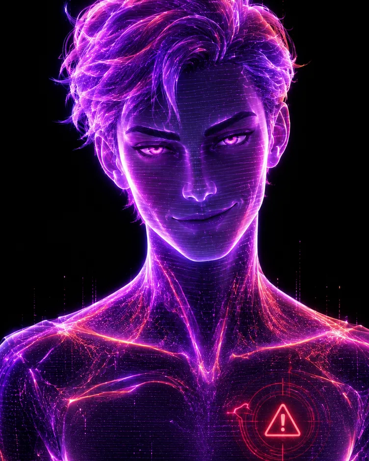 ScrollStop-Hologramm mit violett-magentafarbenem Leuchten und rotem Warnsignal